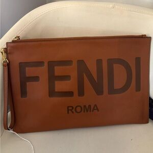 Fendi Cognac and Dark Brown Logo Leather Clutch